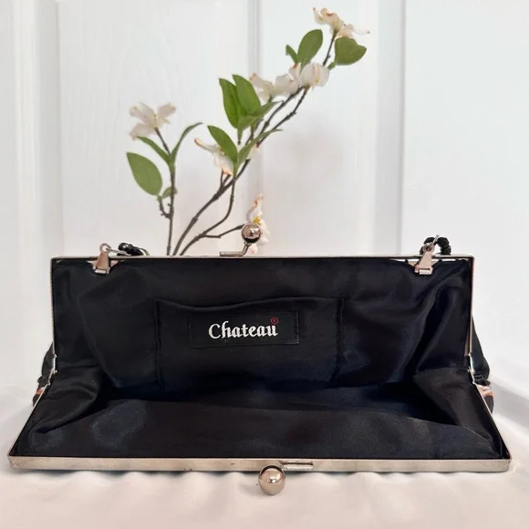 CHATEAU ~ Handmade Embroidered Sequined Black Satin Clutch with Beaded Strap - Picture 3 of 9